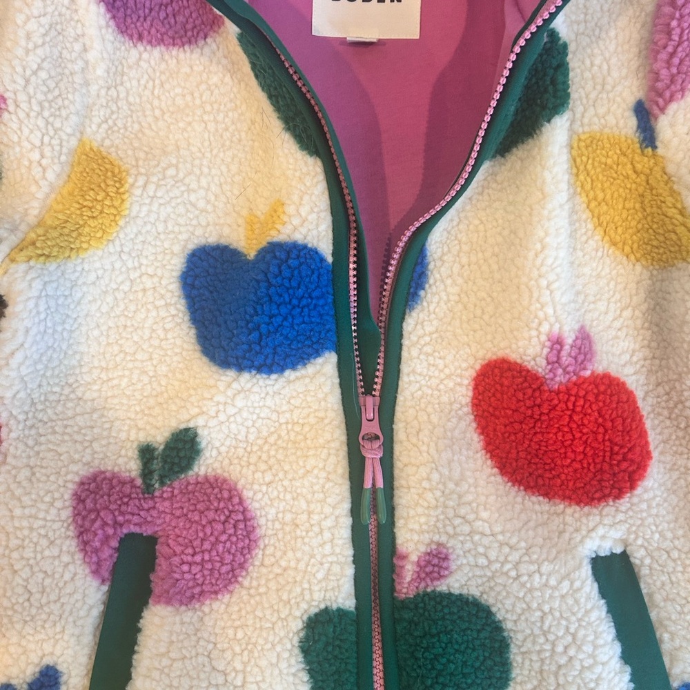 Mini Boden Apple Print Eden Borg zip Through Fleece Jacket - Picture 6 of 9